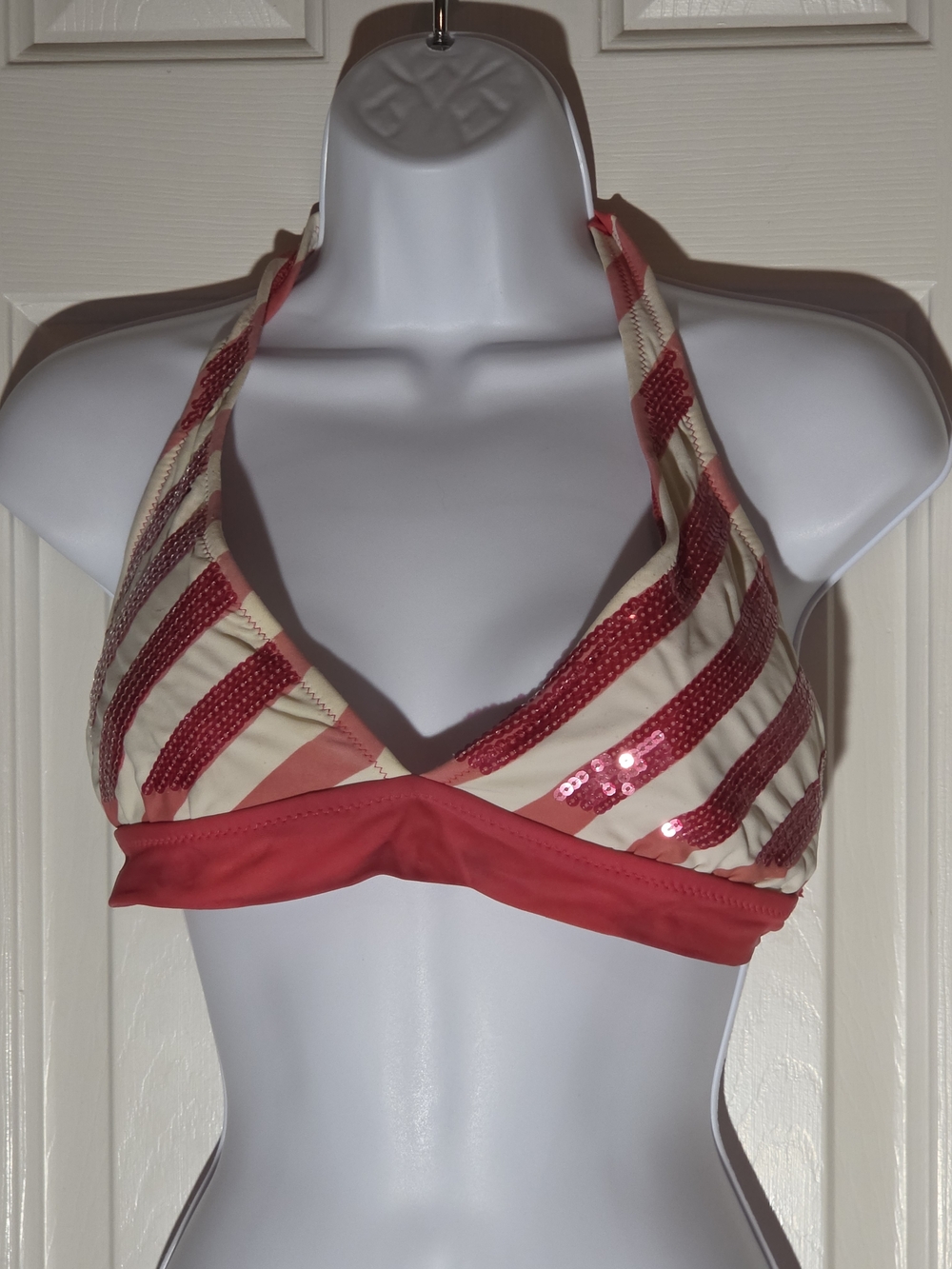 💖 Striped Sequin Halter Bikini Top  Coral and Cream Pink Swim Vanity Large